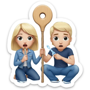 blond woman sitting on her knees with wide eyes, another man in jeans is staying (not sitting) on her left, she's holding a wide skin-colored stick with a D-shaped knob, the stick and the nob have skin texture, water squirting from the knob into her mouth, shocked face sticker