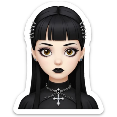 Faça uma moça de cabelo preto e micro micro franja pálida e com maquiagem gótica pesada olhos castanhos escuro  sticker