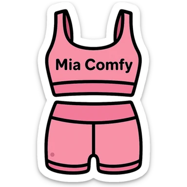 Add the name 'Mia Comfy' in a clear, stylish font on the pink yoga top. Keep the background transparent. sticker