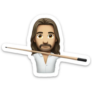 man with long hair whearing a pool cue sticker