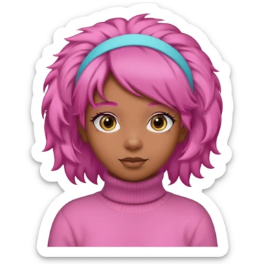 brown fluffy haired girl with pink turtleneck sweater and pink hair band sticker