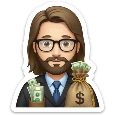Un emprendedor (emoji con ordenador) de unos 50 años con barba y pelo largo más gafas de pasta y con un icono de ordenador y una bolsa de dinero sticker