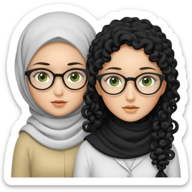 White hijabi girl with black eyes and black long hair white girl and black eyes wearing glasses and a white skin girl with curly honey hair and green eyes sticker