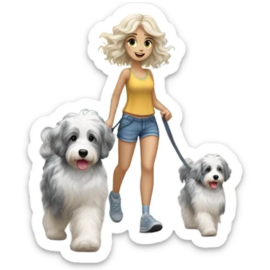 Blonde girl walking blue Merle aussiedoodle  sticker