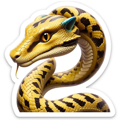 Cinematic Noble Python Portrait Emoji, Poised and regal, with a powerful, sinuous body adorned in intricate scale patterns and piercing, focused eyes, Simplified yet sharp and sophisticated features, highly detailed, glowing with a soft, earthy glow, high shine, intelligent and formidable, stylized with an air of primal elegance, focused and commanding, soft glowing outline, capturing the essence of a watchful and confident serpent that appears ready to coil out of the screen with effortless authority! sticker