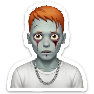 Zombie with freckles white shirt low taper fade haircut silver chain Cuban style sticker