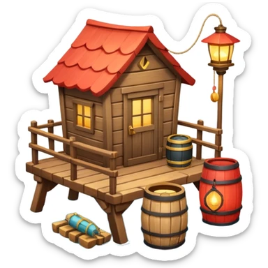 
fisherman house on a wooden pier, small dock, fishing nets hanging, barrels, lantern, ocean vibe, 3D cartoon, cute mobile game icon, clean background, no text
 sticker