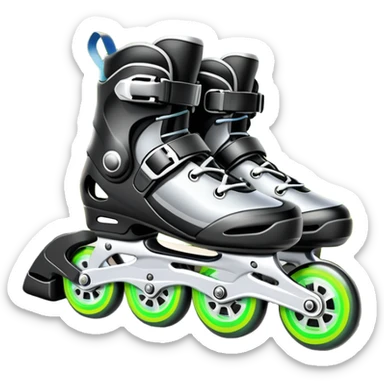 An icon showing a close-up of inline rollerblades resting on smooth asphalt in a park. The background features trees, grass, and a clear sky, with the vibrant green landscape creating a serene outdoor vibe. The skates' wheels are highlighted against the pavement. Transparent background  sticker