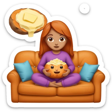 Female personified sweet potato with butter sitting on a couch very cozy watching tv  sticker