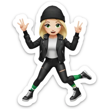iPhone emoji style girl, blonde hair, black beanie, green eyes, freckles, winking, tongue out. Wearing black leather jacket, black leggings, big boobs, long white socks. Right hand doing "OK" sign. Full body, playful skater vibe, transparent background. Big boobs sticker