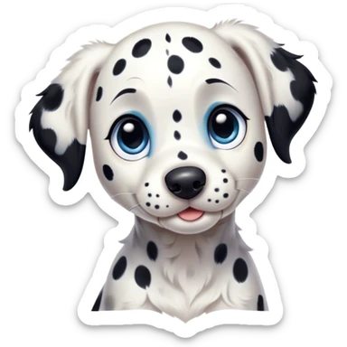 Cinematic Cute Spotted Dalmatian Portrait Emoji, Head tilted playfully and inquisitively, featuring a glossy Fur of predominantly white with dynamic black patches, round, sparkling blue eyes filled with gentle curiosity, Simplified yet irresistibly adorable features, highly detailed, glowing with a warm, friendly glow, high shine, affectionate and gentle, stylized with a touch of whimsy, bright and endearing, soft glowing outline, capturing the essence of a mischievous yet loving pup, so playful it feels like it could lumber out of the screen and into your arms! sticker