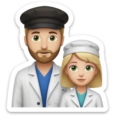 a blonde bearded guy wearing black cap, tall, fair skinned, brown eyes,  looking into the girls eyes who is short than him having green eyes and brown hair, who is in love with the guy, girl is wearing a lab coat, guy is wearing a brown jacket and blue jeans sticker