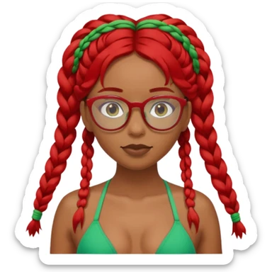 Dark Tan girl with two long red plaits and red rimmed  glasses, green bikini top,  head neck and shoulder shot only sticker
