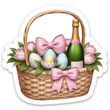 White Picnic basket with light pink bow, white peonies, pink easter eggs and one pink champage bottle inside sticker