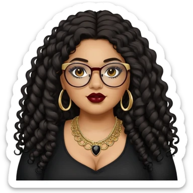teen big plus size, latina, darker tan skin, gold jewelry, long black curly hair, baddie,pretty, makeup, dark red lipgloss, black eyeliner, long hair, black top, black glasses sticker