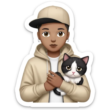 rapper with stylish clothes holding a cute black and white cat sticker