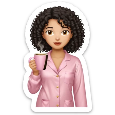 Mixed-race woman with caramel skin and black curly hair, slim thick figure, wearing beige satin pajamas, holding a pastel pink coffee cup, minimal background sticker