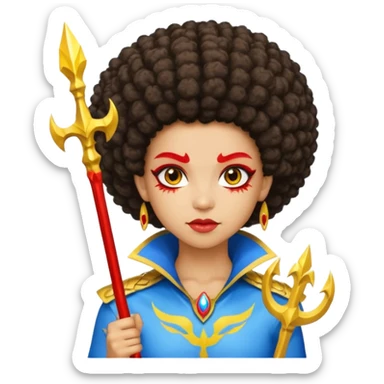 Emoji metisse femboy mais plus masculin avec drapeau ukrainien arriere plan, un afro, sourcils rouge, fourche trident, et eclairs et sur fond bleu clair irrisé. Peau lightskin, yeux marron et cheveux marron bouclés mais en mode afro pixi cut sticker
