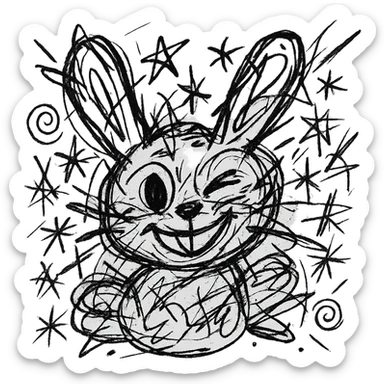 A winking bunny icon, black and white, no fill, chaotic icon sticker