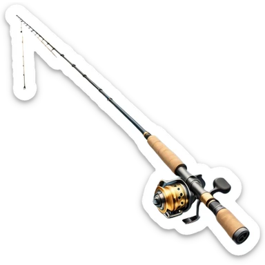 Cinematic Realistic Fishing Rod, sleek graphite rod with a smooth, polished reel, thin line disappearing into a shimmering lake, warm golden sunlight reflecting off the water, glowing with a tranquil and adventurous aura. sticker