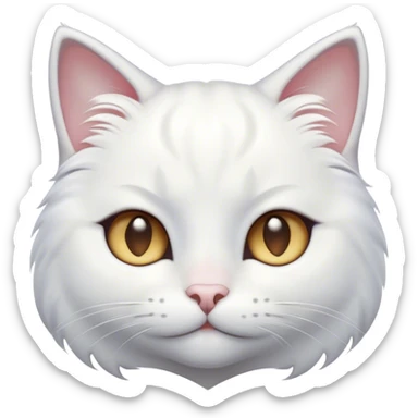 Cinematic Cute White Cat Portrait Emoji, Head tilted with a soft, gentle smile and sparkling eyes, featuring a silky, pristine white fur with subtle silver highlights, simplified yet irresistibly adorable, highly detailed, glowing with a warm, snowy glow, high shine, radiating affectionate charm and tender grace, styled with a light, playful outline, capturing the essence of a cute white cat that looks as if it could melt your heart with a single blink! sticker