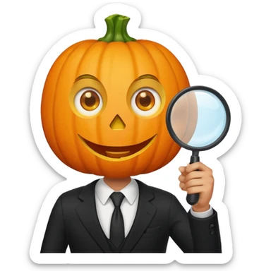 A pumpkin smiling at a magnifying glass (the magnifying glass has a suit thats black, the magnifying glass also has one eye in the middle turn the magnifying glass into a living person give the magnifying glass Normal looking eyes and give it actual arms and legs  sticker