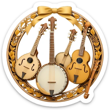 Design a sophisticated and festive emblem-like emoji representing plucked and stringed instruments. The layout should resemble a heraldic crest, featuring iconic instruments like a banjo, mandolin, domra, and sitar, artistically arranged in an elegant and symmetrical way. The necks of the instruments should be intertwined with a flowing ribbon of musical notes, winding around the strings and fretboards. The design should be detailed, showcasing the intricate carvings on the instruments, visible strings, and fret markers. Use a rich color palette with deep golds, browns, and vibrant accents to evoke a sense of luxury and celebration. The musical notes should appear to float around the instruments, connecting them in a graceful, dynamic way. Include ornate flourishes or decorative elements like laurels, swirls, or subtle engravings to give the image a professional, emblematic appearance. The background should be transparent. sticker
