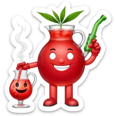 Kool-Aid Man pitcher character with legs and arms holding a bong with a cannabis leaf sticker