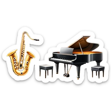 Icon for Musical Theater: a vintage stage with Broadway-style curtains, a piano, musical notes, a spotlight, and a jazz band setup. The icon should reflect the vibrant and glamorous atmosphere of 1950s American musical theater, with emphasis on performance and showmanship. Transparent background. sticker