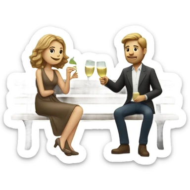 couple of white people with brown hair, sitting closely on a park bench, enjoying a romantic moment. One person is holding a croissant, and the other is holding a glass of Prosecco.  sticker