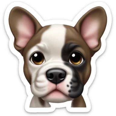 French bull dog puppy that’s dark brown with a black nose and mouth sticker