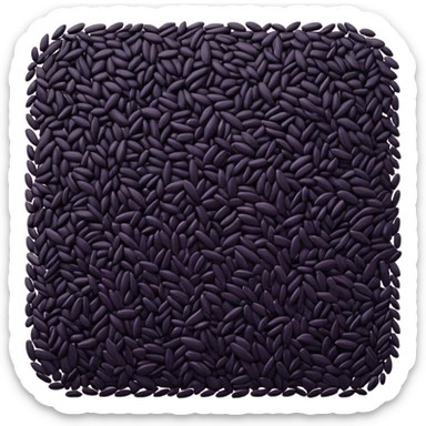 loose scatter of uncooked black rice grains, glossy elongated shape, deep purplish-black color, smooth slightly curved surface, subtle natural variations in tone, soft lighting, subtle shadows, emoji scale sticker