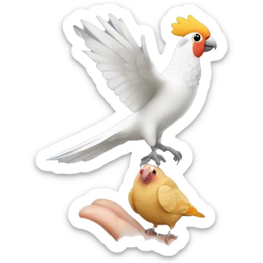 Cockatiel landing on a old lady with ginger curly hair, with also a ringneck dove in her hand  sticker