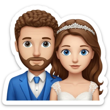 wedding couple, woman has long straight brown hair and blue eyes, man has short light brown curly hair and facial hair with blue eyes sticker