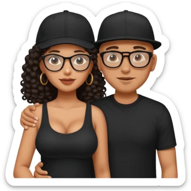 A picture of an embracing tanned couple. the man is a Mexican man with tanned skin, with a bald hair cut wearing a SnapBack hat and a black shirt. the woman wearing black glasses, with long curly dark brown hair and with big boobs.  sticker