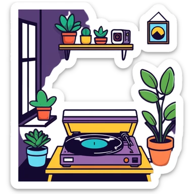 small bedroom with indie aesthetic, record player, art prints, potted plants, fairy lights, colorful pillows, vintage items sticker