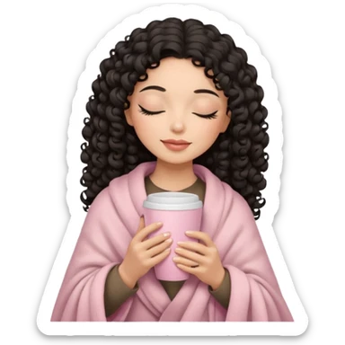 hispanic woman, black long 3b curls, closed eyes, feminine face, holding soft pink coffee cup with beige blanket over shoulders sticker