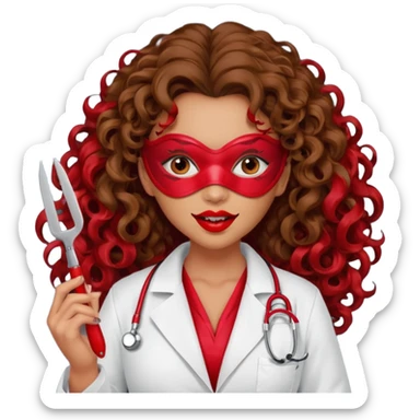 Lilith symbol seductress evil woman. She had brown long curly hair.  evil surgeon kills with scalpel wears red sexy doctor coat with red mouth mask  sticker