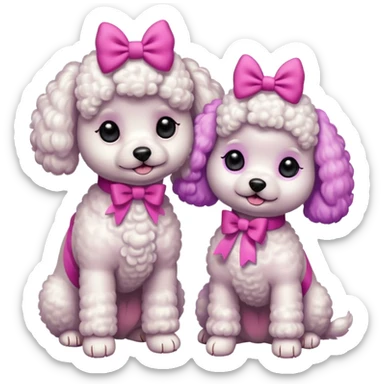 Two white toy poodle–style dogs, fluffy curly fur, round faces, black button eyes. Hot-pink paws, purple-dyed ear tips. One taller dog standing upright wearing a large pastel pink bow, one smaller round dog sitting. Cute plush emoji style. sticker