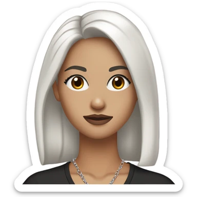 A white girl with a slight tan with a long, black hair, brown eyes, nice eyelashes, brown lip liner on, and she’s wearing a V neck black T-shirt with a silver cross chain and silver hoop earrings ￼ sticker