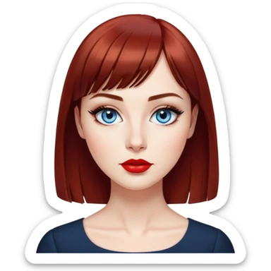 Creative woman with fair skin, oval face, striking blue eyes with dark eyeliner, thin eyebrows, small nose, full lips with bright red lipstick, dark auburn hair with straight bangs, wearing an elegant black blouse, artistic expression sticker