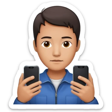 a chinese holding an smartphone with both hands in landscape mode(horizontally) on top of his forehead sticker