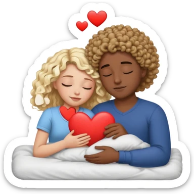 cuddling in bed, asleep. wavy haired blonde girl. curly haired dark brown hair man. eyes closed. heart between them. no headboard sticker