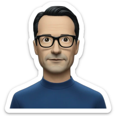 photo realistic Ralf Hutter from Kraftwerk, short straight black hair, black glasses, Dark Blue T-shirt, lean, driving black tesla model 3 sticker