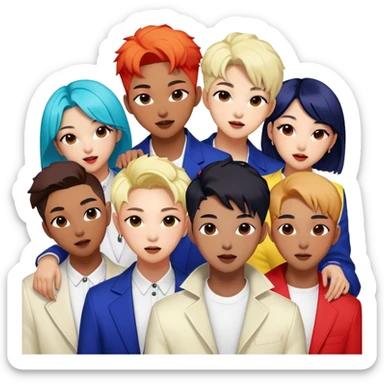 Cinematic Realistic BTS Portrait Emoji, depicted as a dynamic energetic portrayal of the global K-pop group with stylish modern attire and vibrant expressions, rendered with rich textures and bold contemporary lighting that captures their youthful charisma. sticker