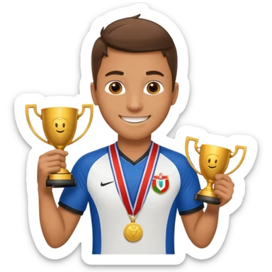 happy soccer player with a first-place medal and a trophy sticker