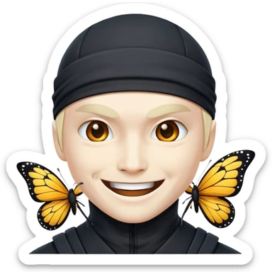 Crea un emoji con estos dos emoji 🥷🏻🦋
él ninja de piel blanca con la mariposa posada en cabeza como si estuviera volando. sticker