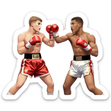  a high-stakes boxing match for the world championship title. Two professional boxers, wearing gloves and championship belts, exchange powerful punches in the center of the ring. The background features a packed arena with bright lights, a roaring crowd, and the championship banner hanging above.  sticker