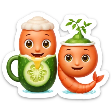 Emoji-style food mascots, NOT human.
Two cute shrimp characters, simple cartoon faces, big round eyes, small smiles.
One shrimp holding a beer mug with foam, the other holding an aguachile bowl with cucumber and chili.
Flat + soft 3D style, clean shapes, no human facial details, no realistic skin.

 sticker