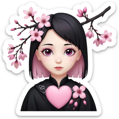 goth sakura heart, black heart with sakura branch and blossoms, pink highlights sticker